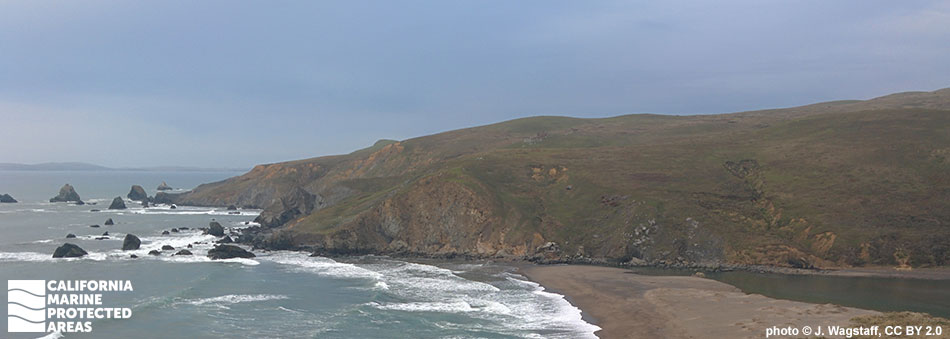 a bending estuary feeds in the ocean, flanked by a rolling tan and green hillside, to ocean roars with foam and large jagged rocks